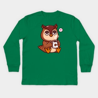 Cute Owl Drinking Coffee Cartoon Kids Long Sleeve T-Shirt